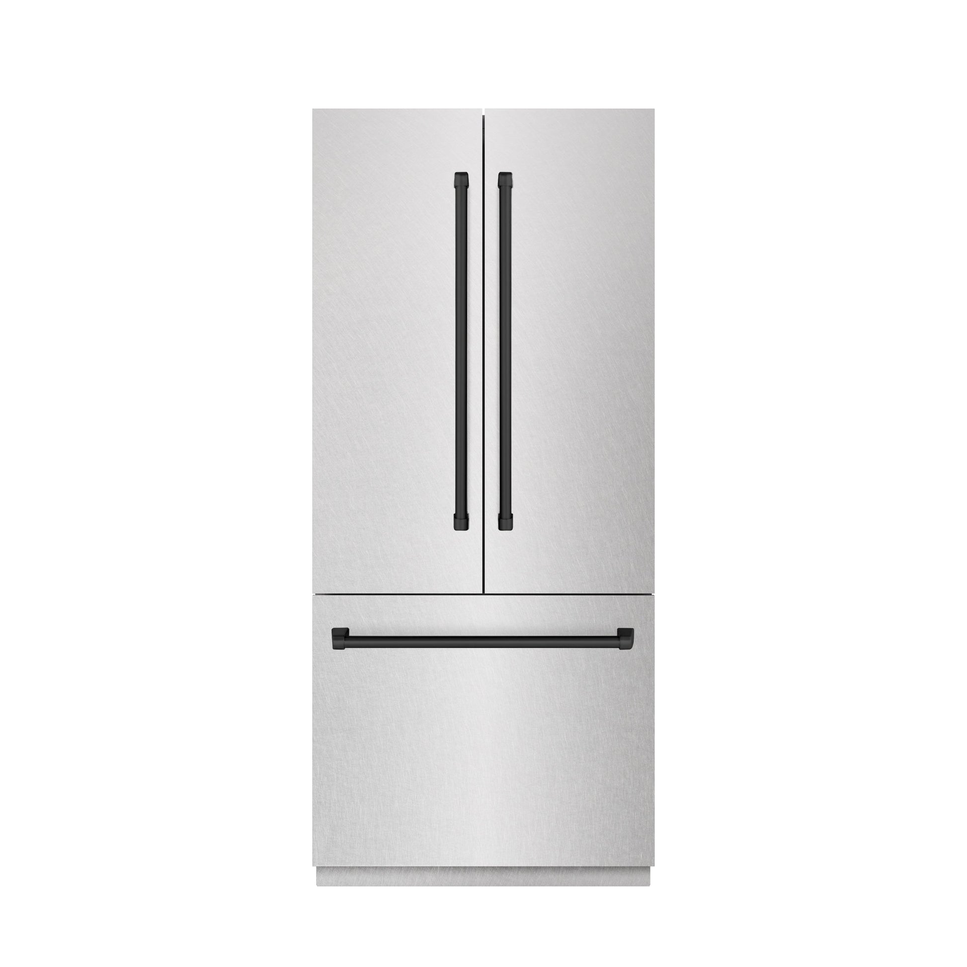 ZLINE Autograph Edition 36 in. 19.6 cu. ft. French Door Built-In Bottom Freezer Refrigerator with Water Dispenser and Ice Maker in DuraSnow® Stainless Steel with Graphite Gray Interior and Matte Black Accents (GRBIVZ-SN-36-MB)
