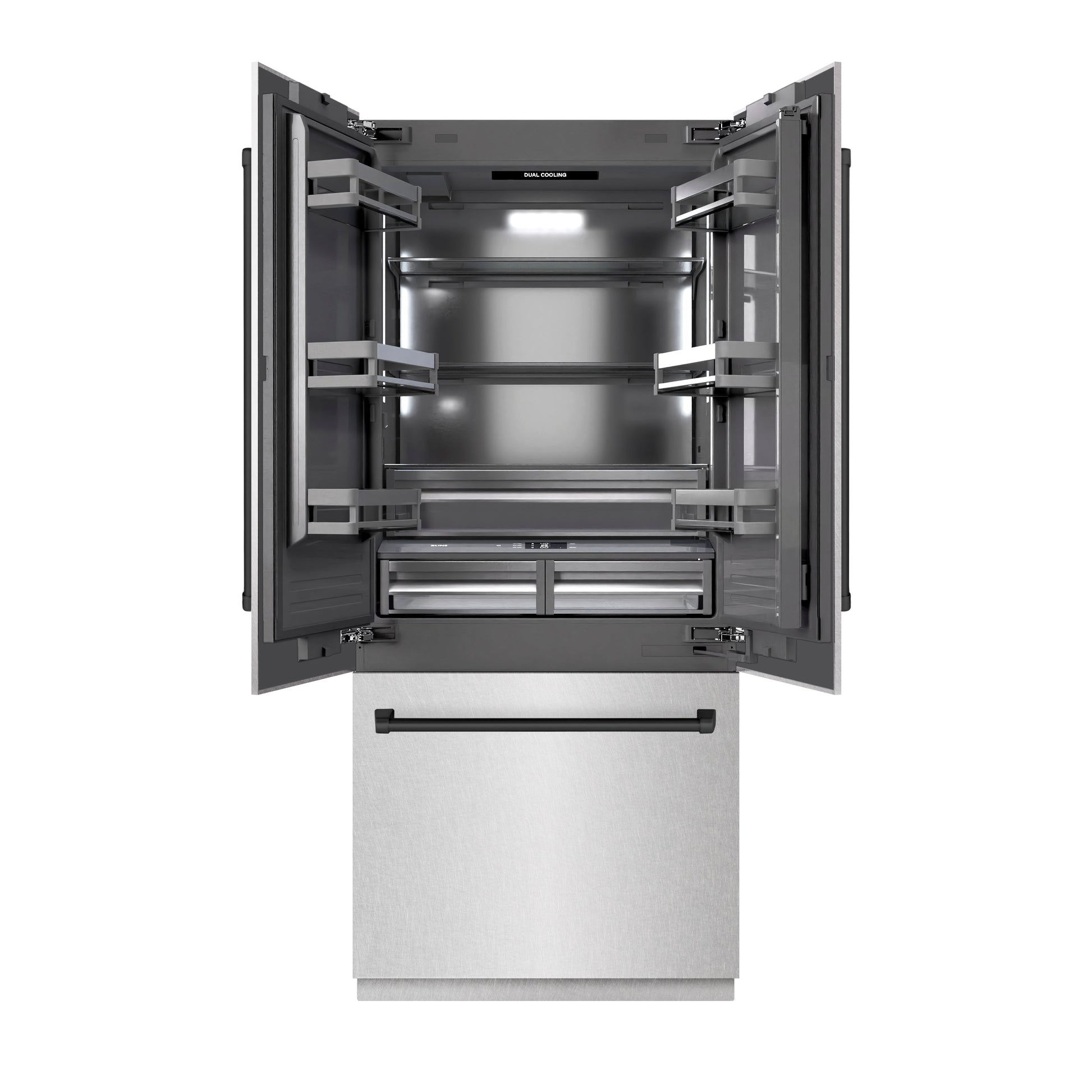 ZLINE Autograph Edition 36 in. 19.6 cu. ft. French Door Built-In Bottom Freezer Refrigerator with Water Dispenser and Ice Maker in DuraSnow® Stainless Steel with Graphite Gray Interior and Matte Black Accents (GRBIVZ-SN-36-MB)