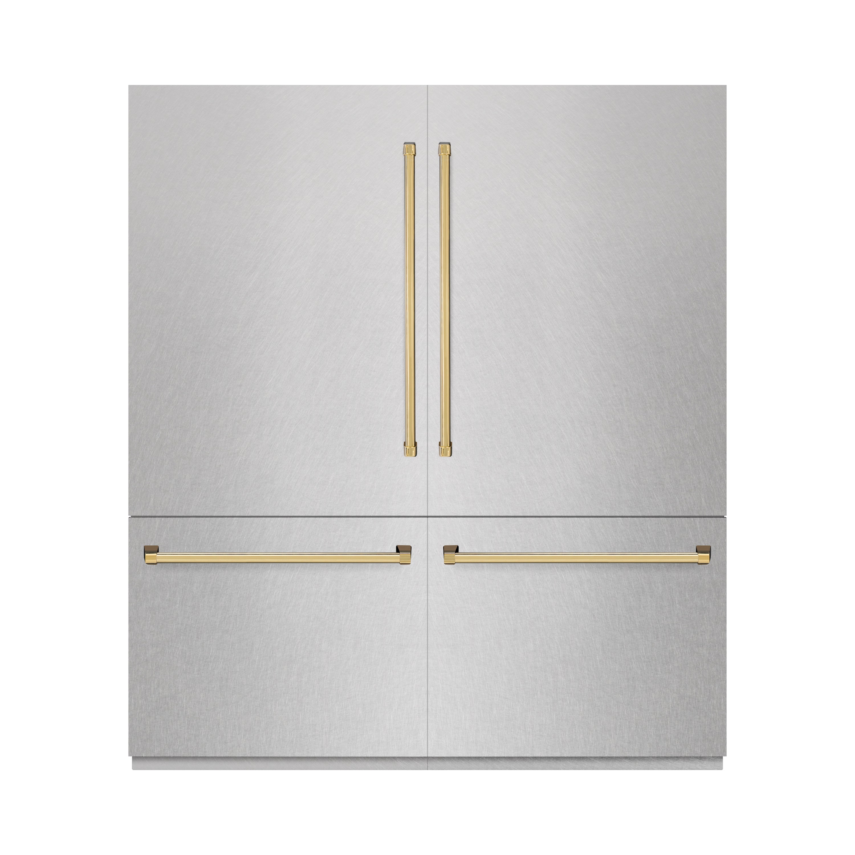 ZLINE Autograph Edition 72 in. 39.6 cu. ft. French Door Built-In Bottom Freezer Refrigerator with Water Dispensers and Ice Makers in DuraSnow® Stainless Steel and Polished Gold Accents (RBITZ-SN-72-G)