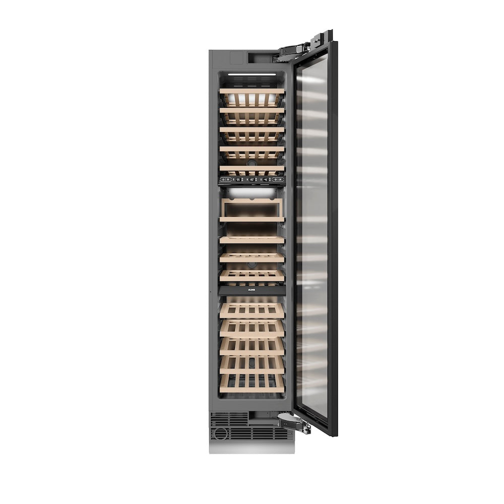 ZLINE Autograph Edition 18 in. 9.0 cu. ft. Triple Zone 68 Bottle Panel Ready Right Hinge Column Wine Cooler with Polished Gold Accents (RBCWVRZ-18-G)