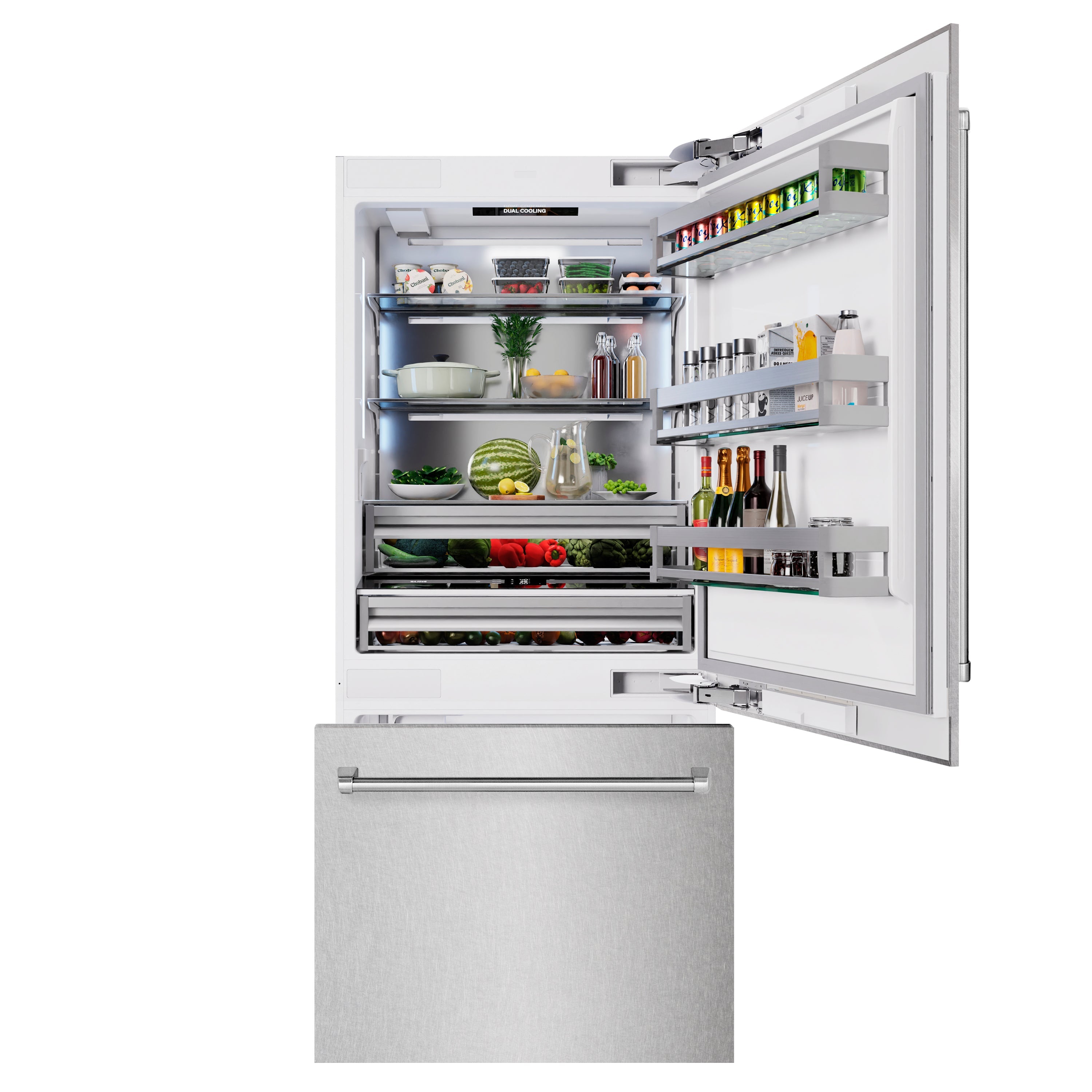 ZLINE 36 in. 19.8 cu. ft. Built-In Bottom Freezer Refrigerator with Water Dispenser and Ice Maker in Satin Stainless Steel (RBIT-SN-36)