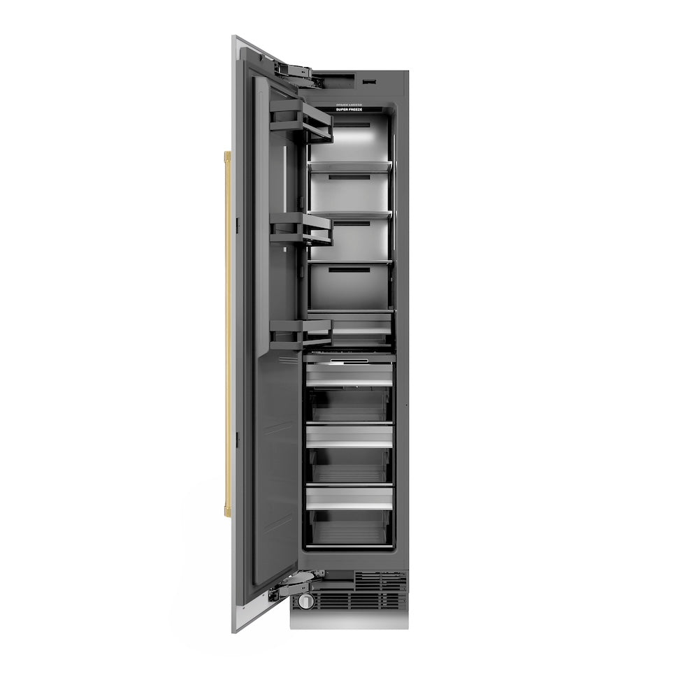 ZLINE Autograph Edition 18 in. 8.6 cu. ft. Left Hinge Column Freezer in Stainless Steel with Graphite Gray Interior and Polished Gold Accents (RCFVLZ-30418-G)
