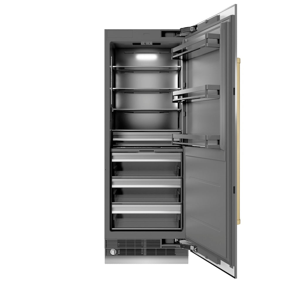 ZLINE Autograph Edition 30 in. 16.7 cu. ft. Column Refrigerator in Stainless Steel with Graphite Gray Interior and Champagne Bronze Accents (RCRVZ-30430-CB)