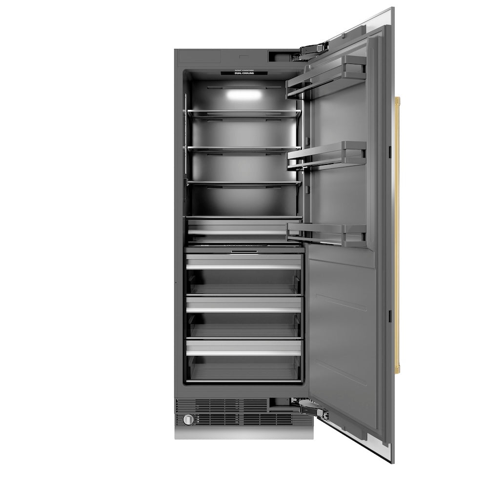 ZLINE Autograph Edition 30 in. 16.7 cu. ft. Column Refrigerator in Stainless Steel with Graphite Gray Interior and Polished Gold Accents (RCRVZ-30430-G)