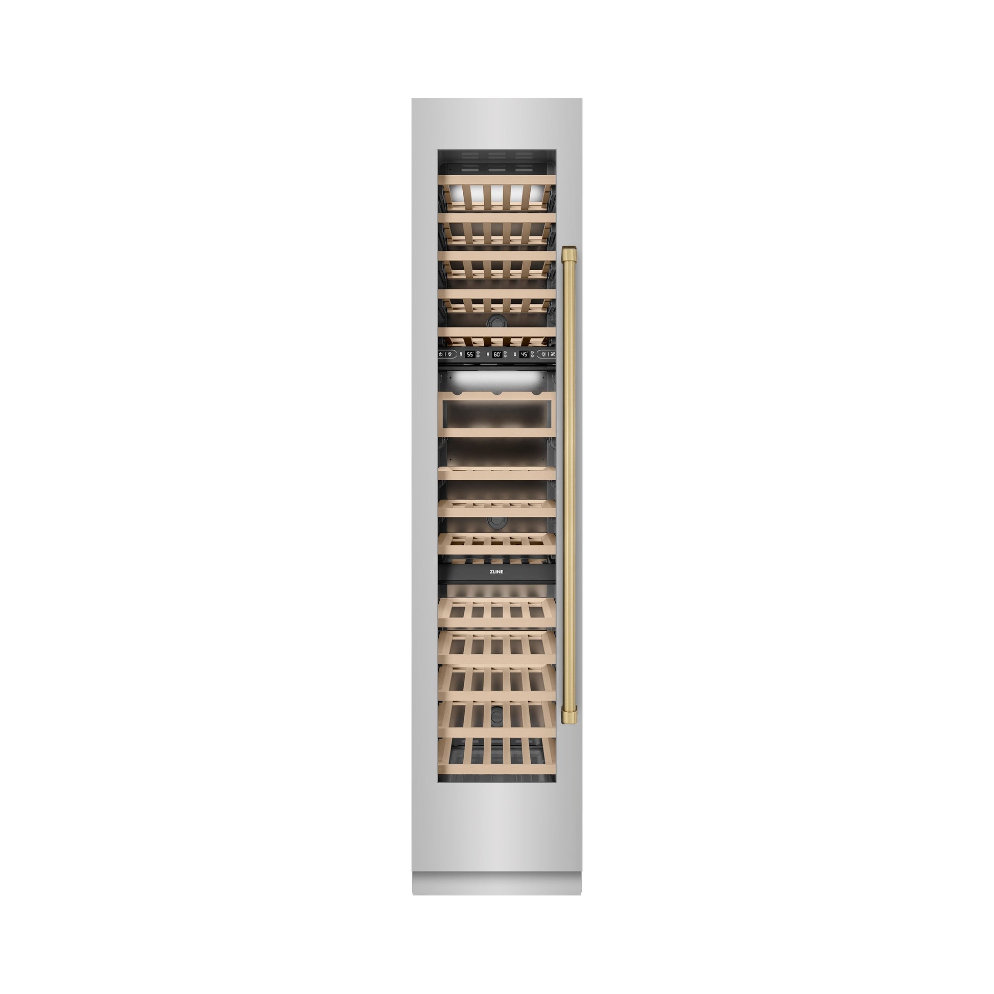 ZLINE Autograph Edition 18 in. 9.0 cu. ft. Triple Zone 68 Bottle Left Hinge Column Wine Cooler in Stainless Steel with Champagne Bronze Accents (RCWVLZ-30418-CB)