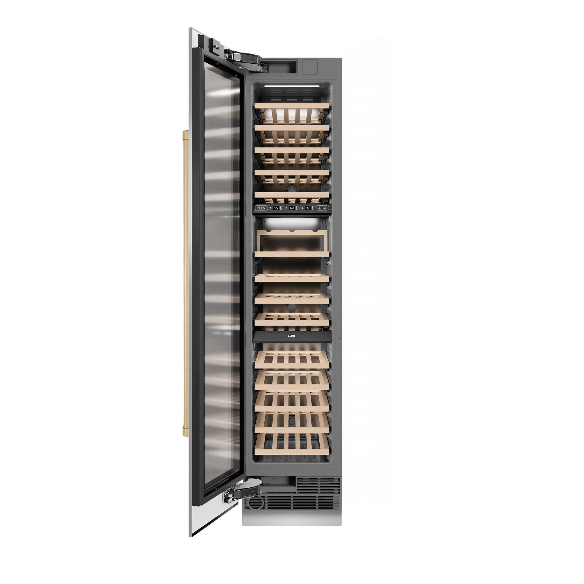 ZLINE Autograph Edition 18 in. 9.0 cu. ft. Triple Zone 68 Bottle Left Hinge Column Wine Cooler in Stainless Steel with Champagne Bronze Accents (RCWVLZ-30418-CB)