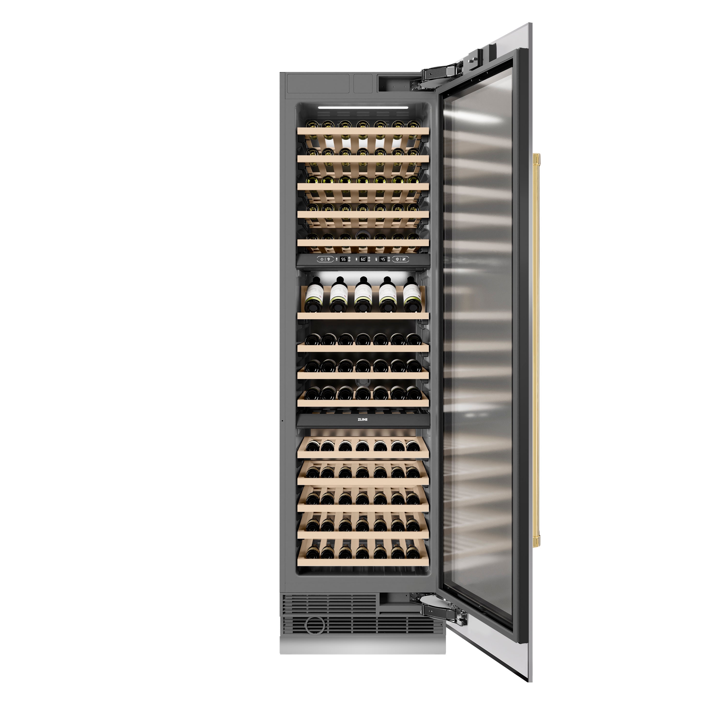 ZLINE Autograph Edition 24 in. 12.4 cu. ft. Triple Zone 100 Bottle Column Wine Cooler in Stainless Steel and Polished Gold Accents (RCWVZ-304-24-G)