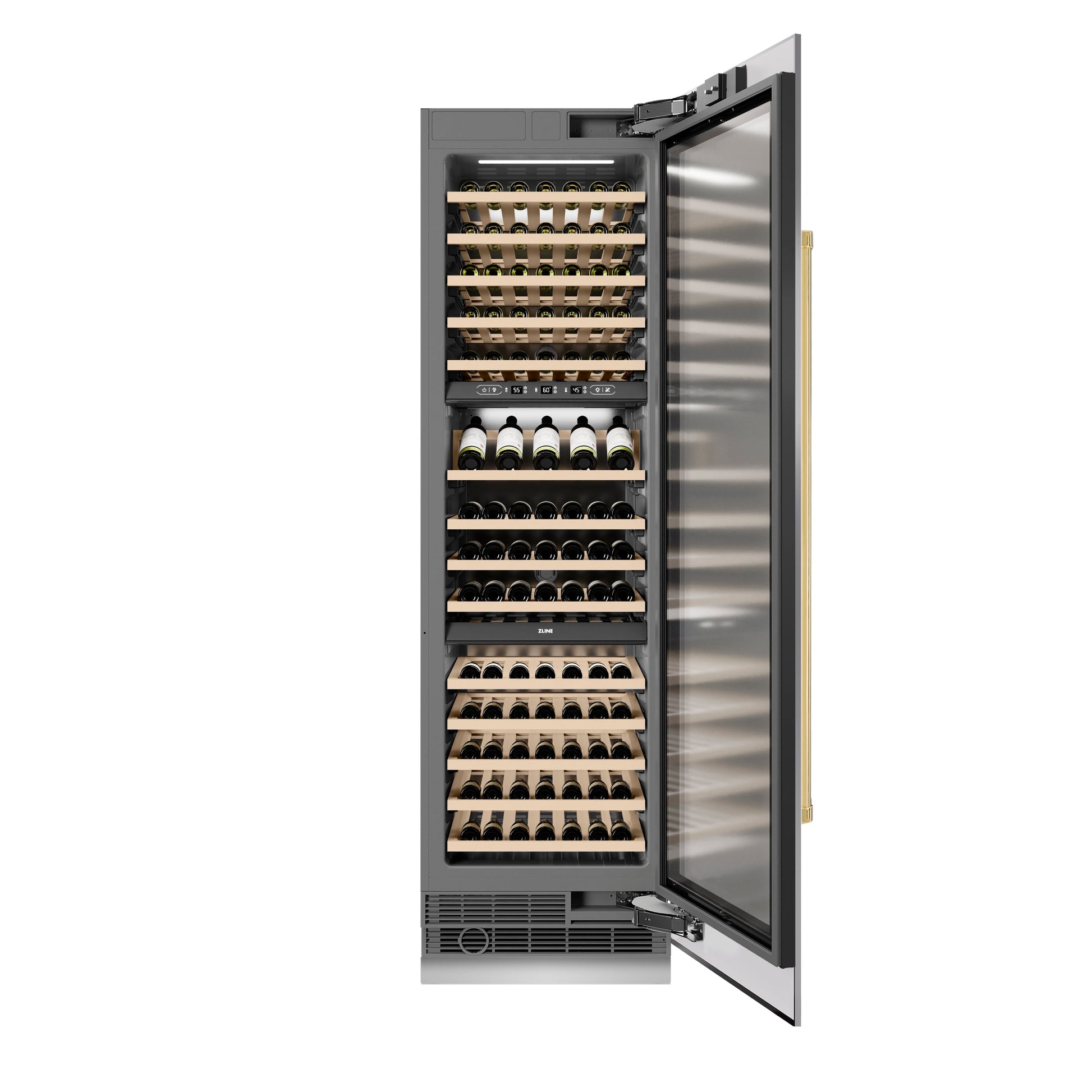 ZLINE Autograph Edition 24 in. 12.4 cu. ft. Triple Zone 100 Bottle Column Wine Cooler in Stainless Steel and Polished Gold Accents (RCWVZ-304-24-G)