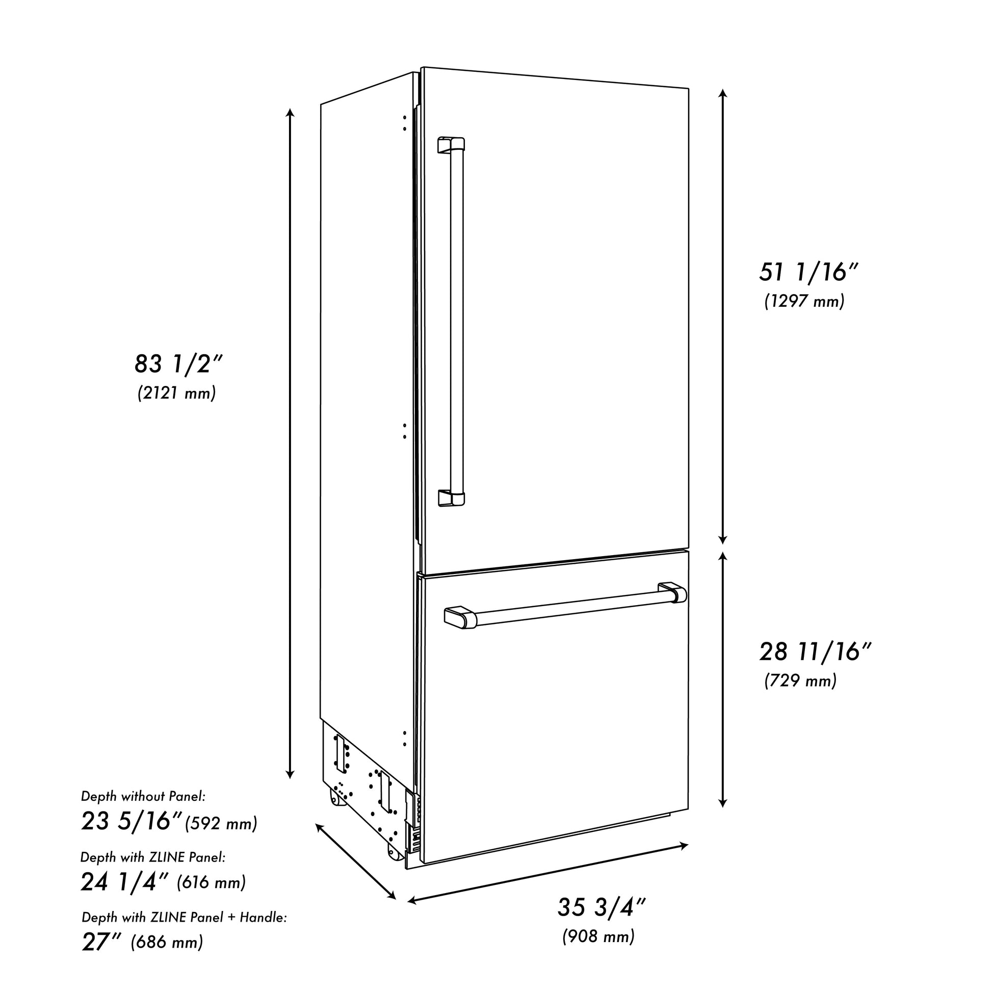 ZLINE Autograph Edition 36 in. 19.8 cu. ft. Built-In Bottom Freezer Refrigerator with Water Dispenser and Ice Maker in Stainless Steel with Graphite Gray Interior and Polished Gold Accents (GRBITZ-304-36G)