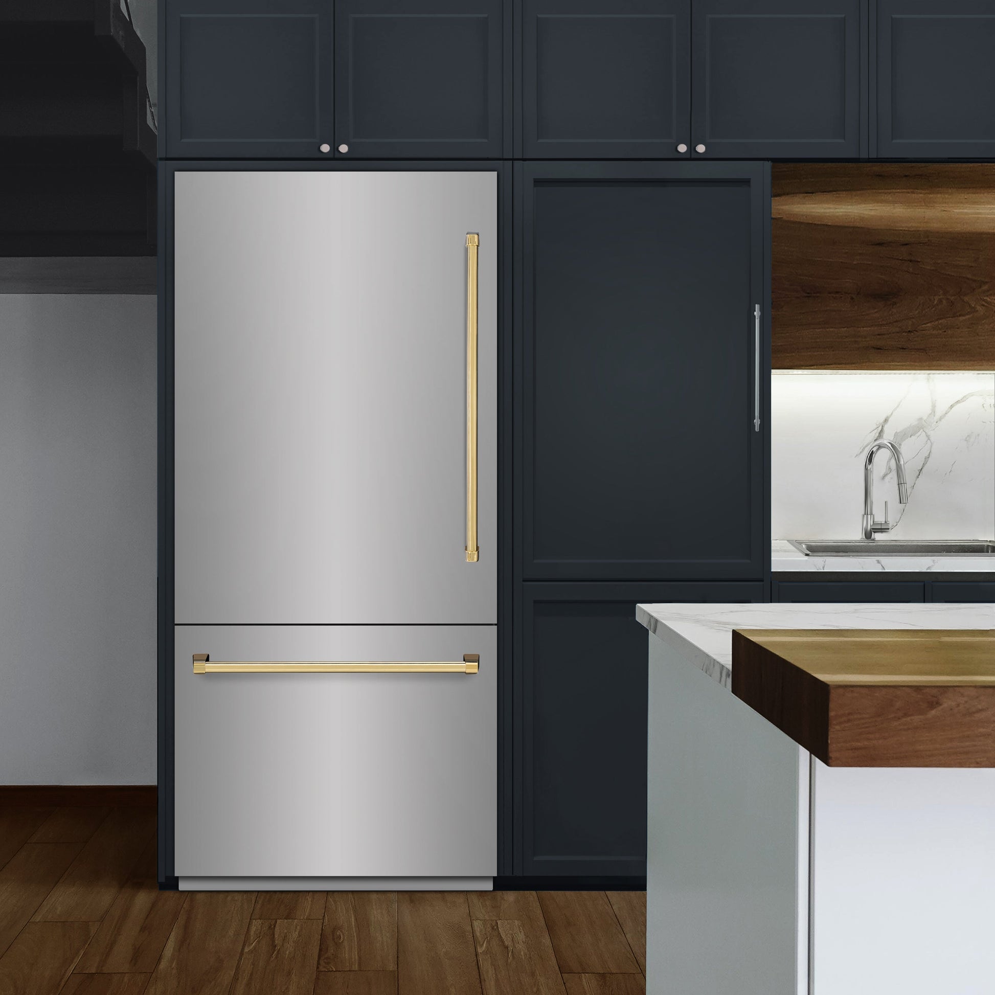 ZLINE Autograph Edition 36 in. 19.8 cu. ft. Built-In Bottom Freezer Refrigerator with Water Dispenser and Ice Maker in Stainless Steel with Graphite Gray Interior and Polished Gold Accents (GRBITZ-304-36G)