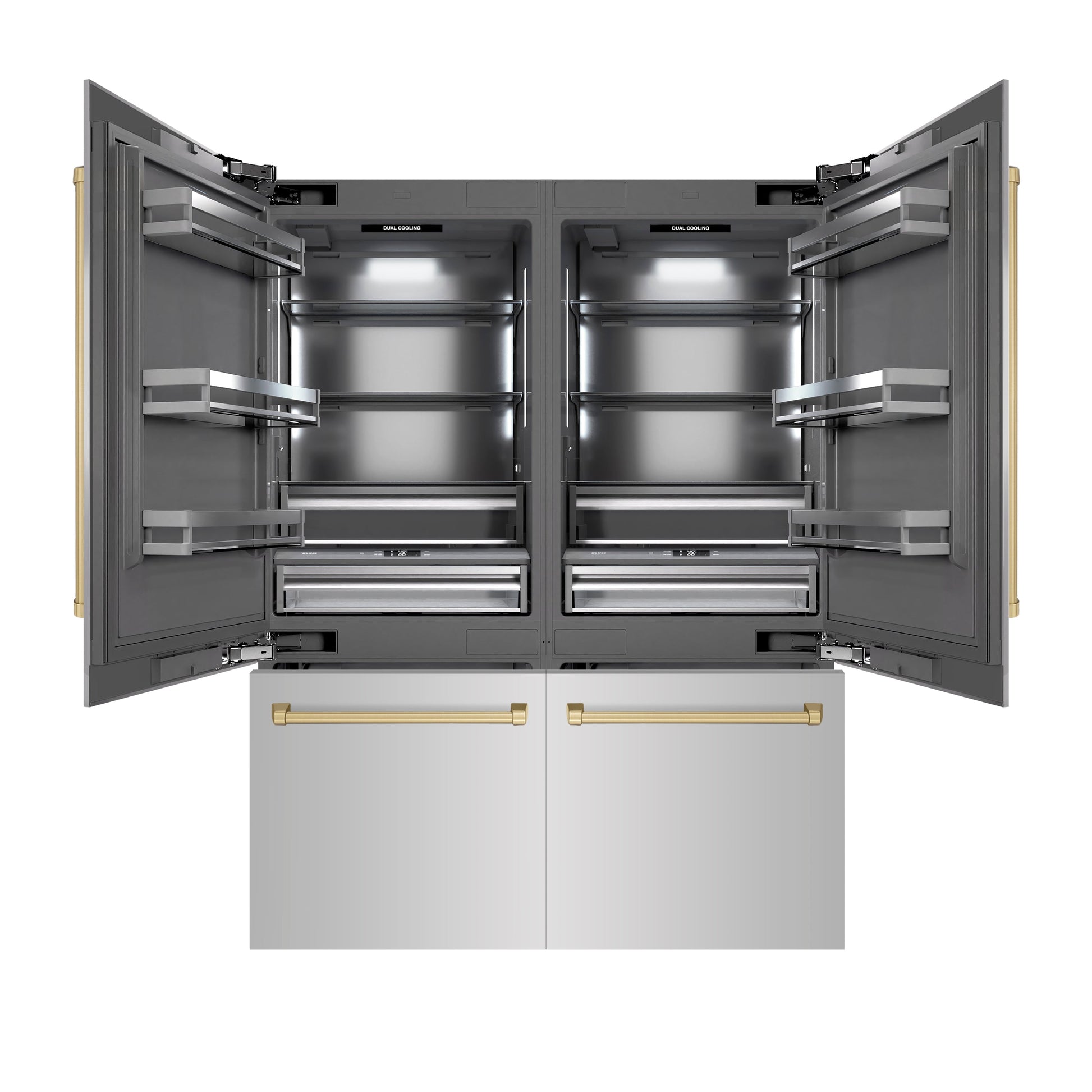 ZLINE Autograph Edition 60 in. 32.2 cu. ft. French Door Built-In Bottom Freezer Refrigerator with Water Dispenser and Ice Maker in Stainless Steel with Graphite Gray Interior and Champagne Bronze Accents (GRBIVZ-304-60CB)