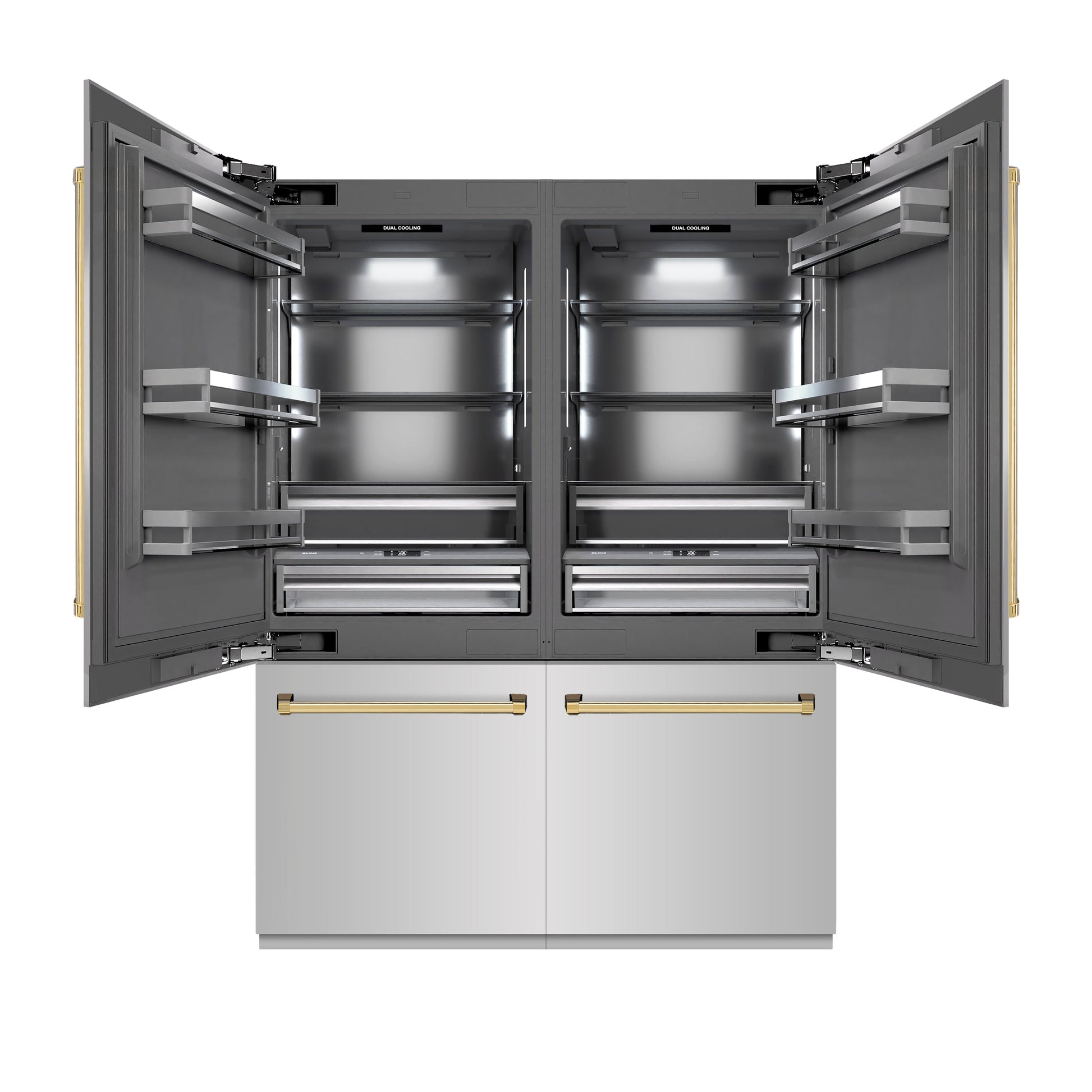 ZLINE Autograph Edition 60 in. 32.2 cu. ft. French Door Built-In Bottom Freezer Refrigerator with Water Dispenser and Ice Maker in Stainless Steel with Graphite Gray Interior and Polished Gold Accents (GRBIVZ-304-60G)
