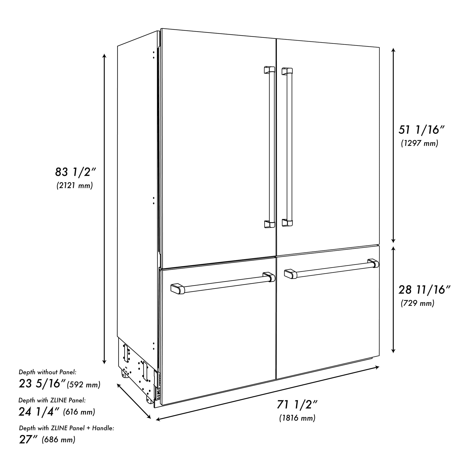 ZLINE Autograph Edition 72 in. 39.6 cu. ft. French Door Built-In Bottom Freezer Refrigerator with Water Dispensers and Ice Makers in Stainless Steel with Polished Gold Accents (RBITZ-304-72G)