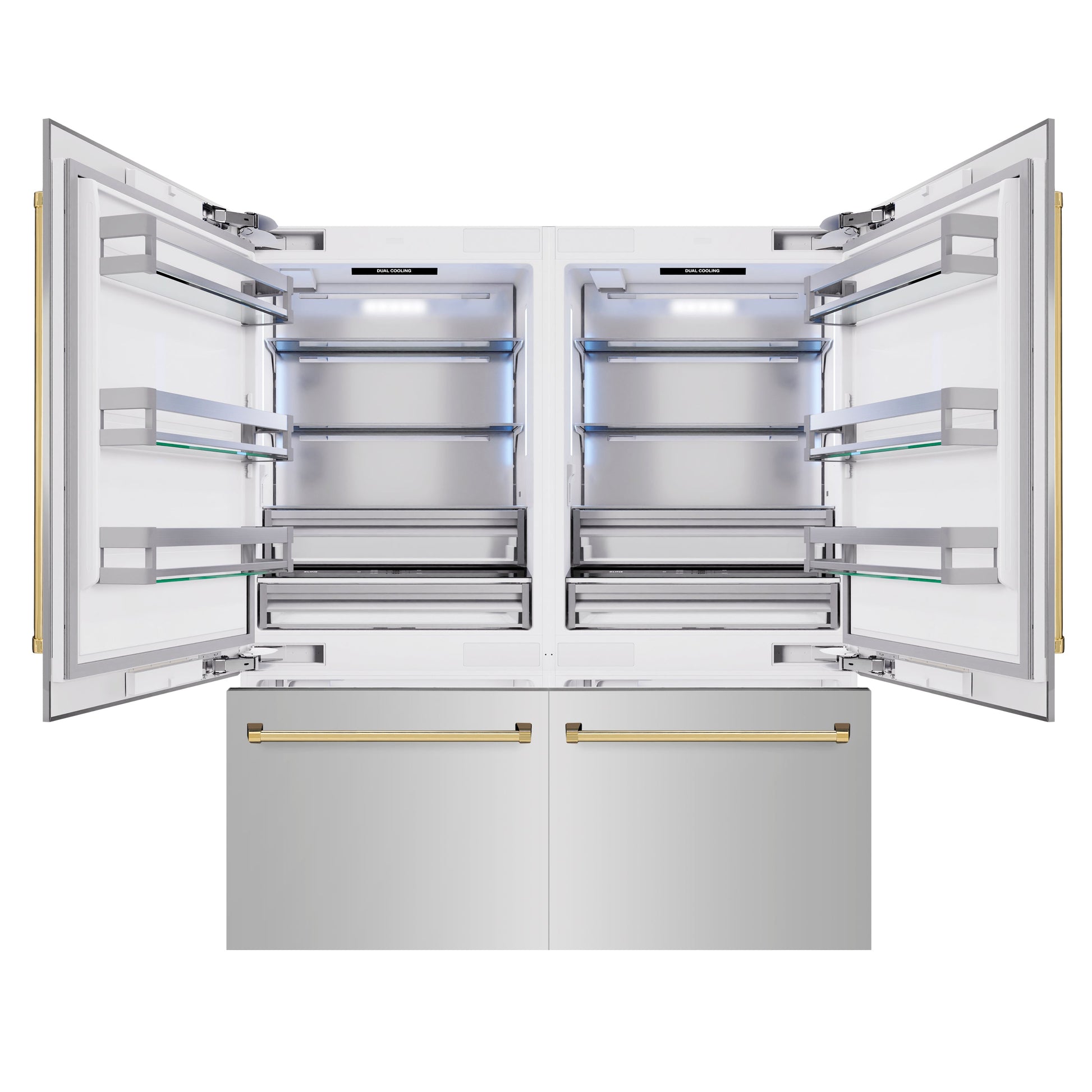 ZLINE Autograph Edition 72 in. 39.6 cu. ft. French Door Built-In Bottom Freezer Refrigerator with Water Dispensers and Ice Makers in Stainless Steel with Polished Gold Accents (RBITZ-304-72G)