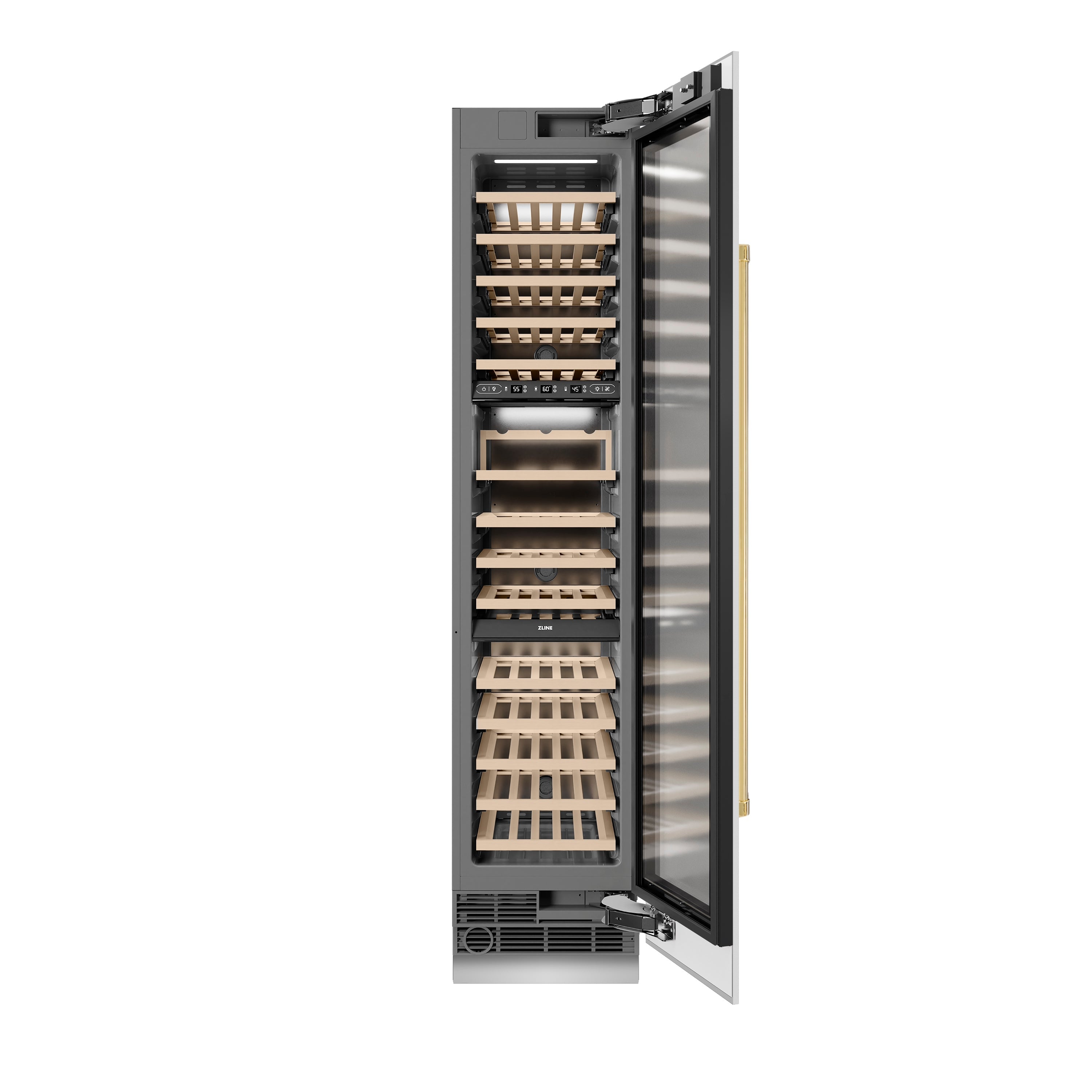 ZLINE Autograph Edition 18 in. 9.0 cu. ft. Triple Zone 68 Bottle Right Hinge Column Wine Cooler in White Matte with Polished Gold Accents (RCWVRZ-WM-18-G)