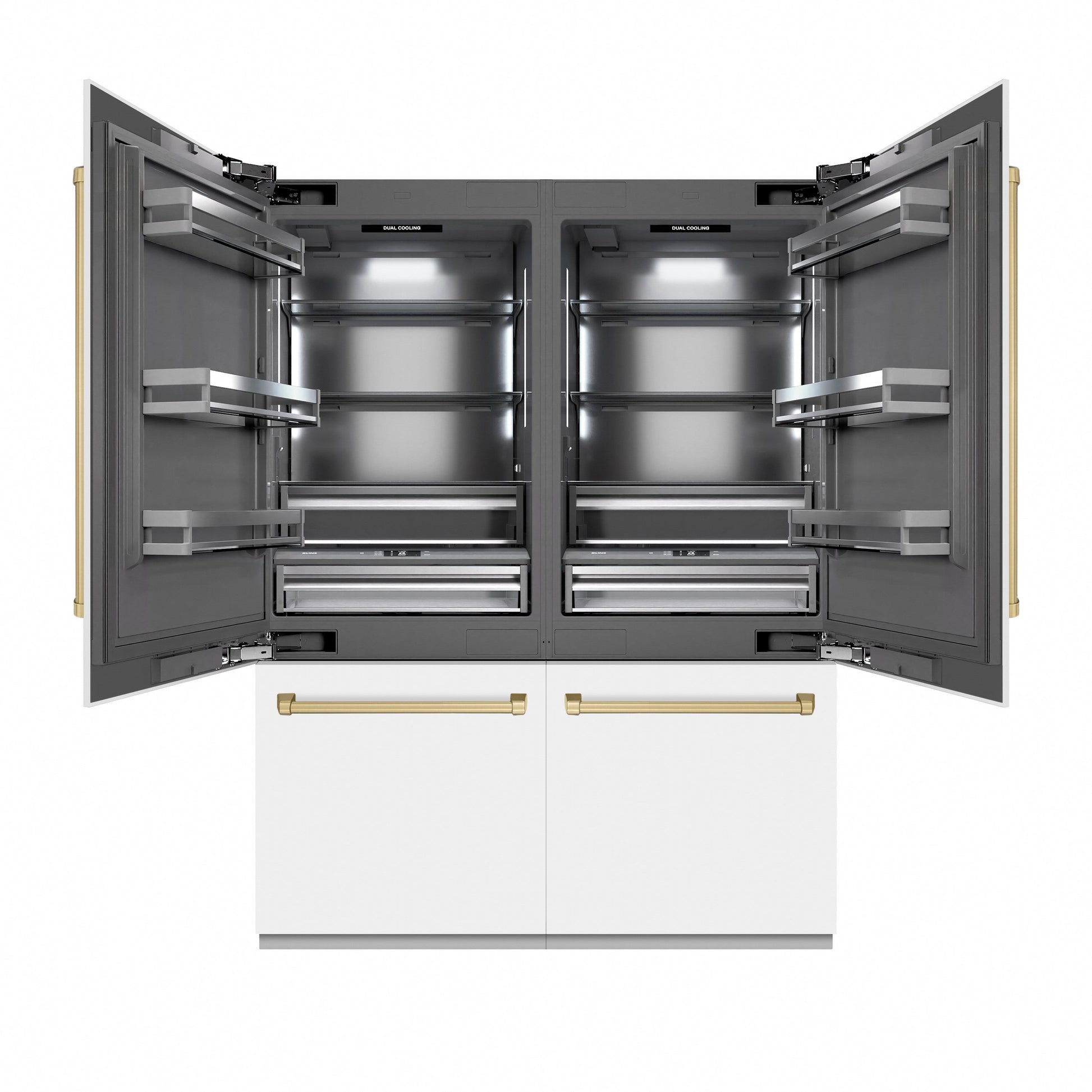 ZLINE Autograph Edition 60 in. 32.2 cu. ft. French Door Built-In Bottom Freezer Refrigerator with Water Dispenser and Ice Maker in White Matte with Graphite Gray Interior and Champagne Bronze Accents (GRBIVZ-WM-60-CB)