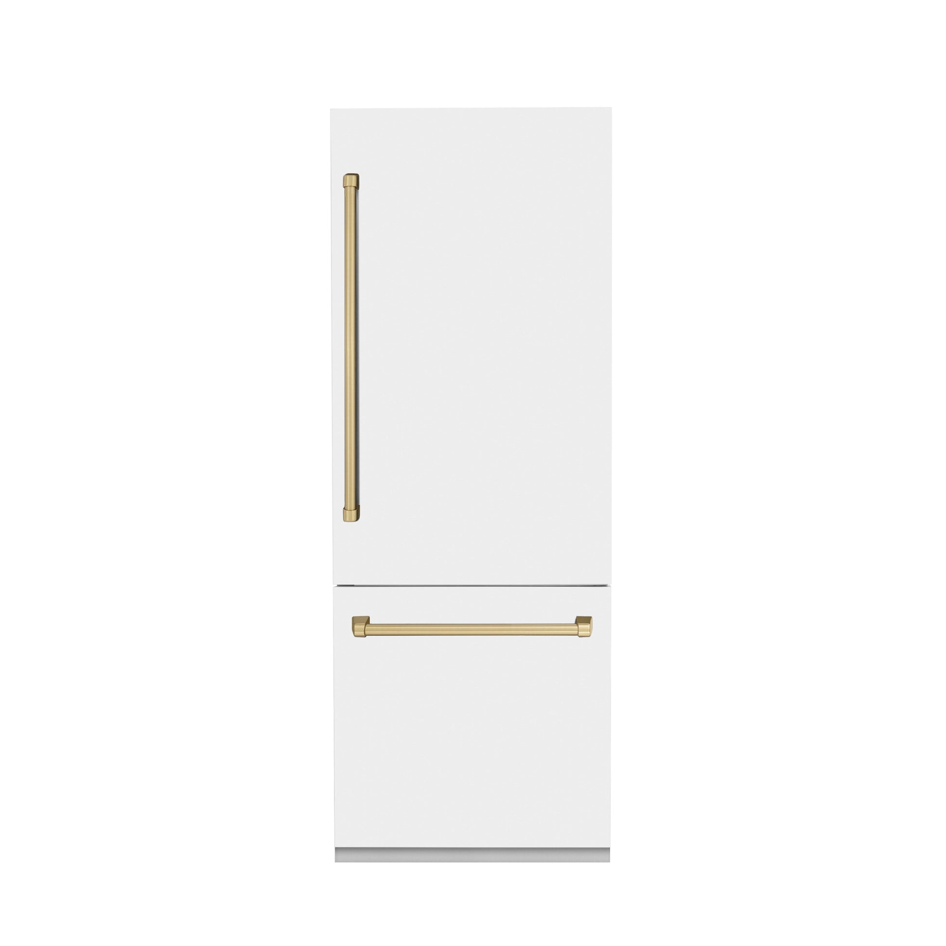 ZLINE Autograph Edition 30 in. 16.1 cu. ft. Built-In Bottom Freezer Refrigerator with Water Dispenser and Ice Maker in White Matte with Champagne Bronze Accents (RBIVZ-WM-30-CB)