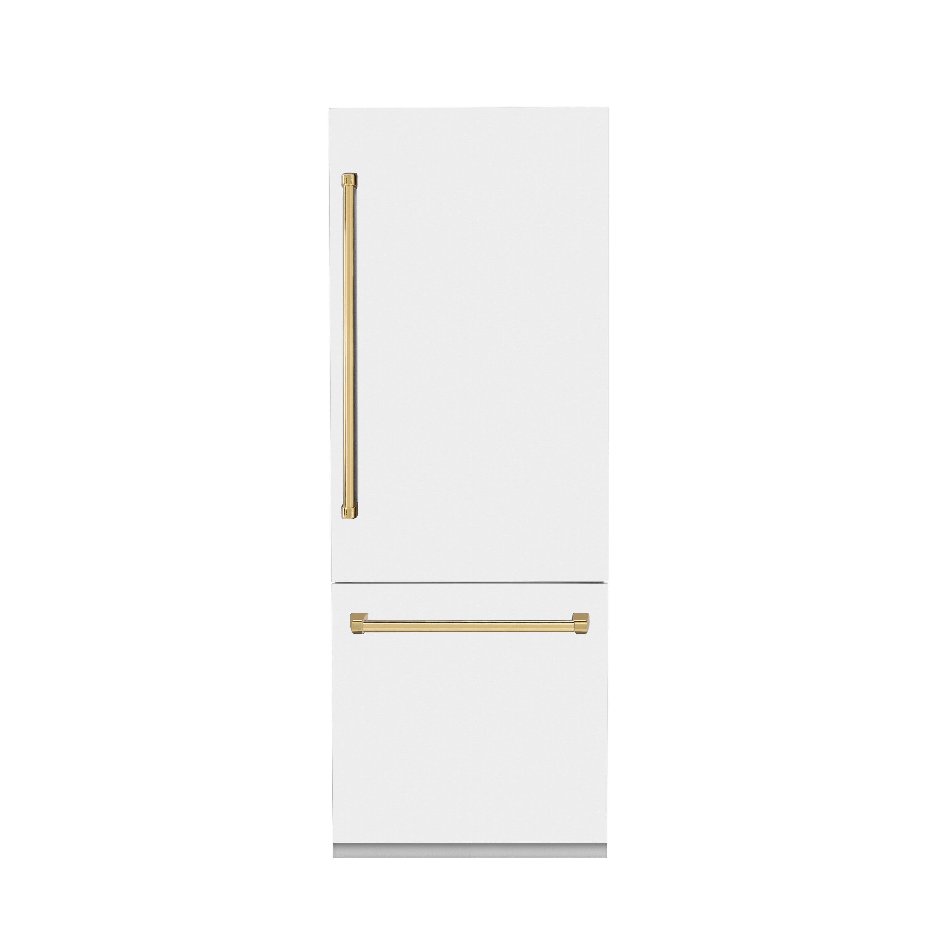 ZLINE Autograph Edition 30 in. 16.1 cu. ft. Built-In Bottom Freezer Refrigerator with Water Dispenser and Ice Maker in White Matte with Polished Gold Accents (RBIVZ-WM-30-G)