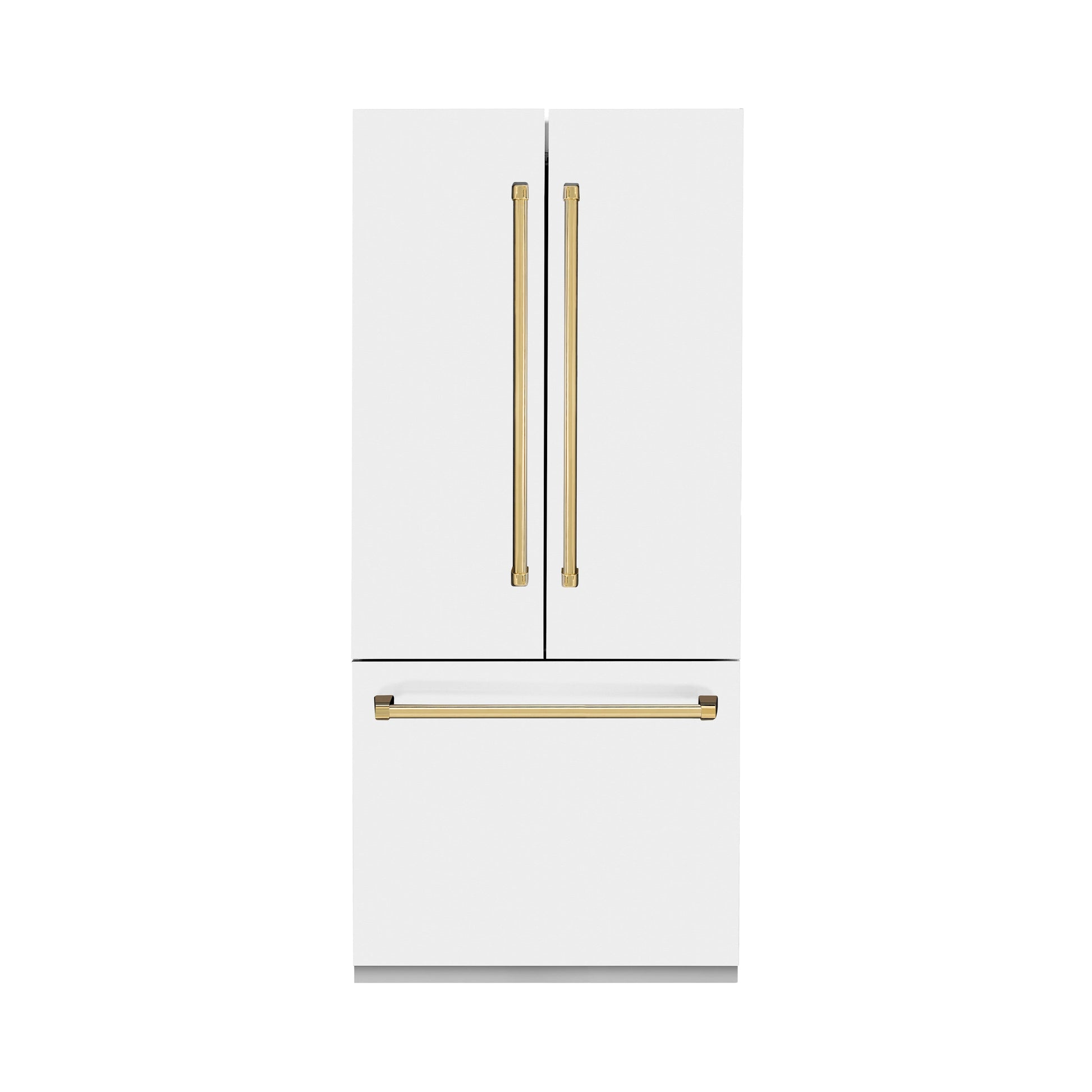 ZLINE Autograph Edition 36 in. 19.6 cu. ft. French Door Built-In Bottom Freezer Refrigerator with Water Dispenser and Ice Maker in White Matte with Polished Gold Accents (RBIVZ-WM-36-G)