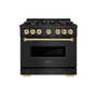 ZLINE Autograph Edition 36 in. 5.2 cu. ft. Classic Gas Range with 6 Burner Cooktop and Convection Gas Oven in Black Stainless Steel and Polished Gold Accents (CGRBZ-36-G)