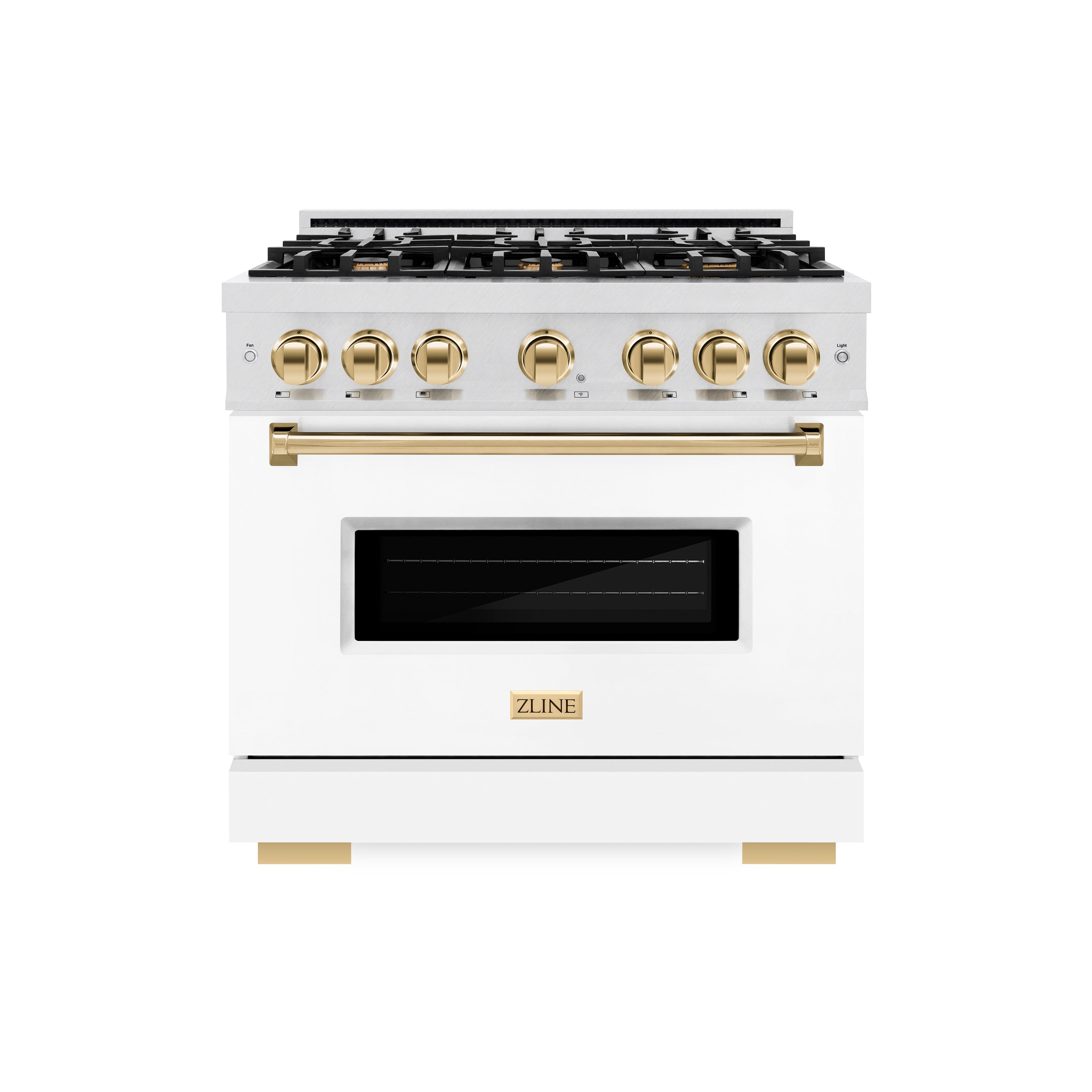 ZLINE Autograph Edition 36 in. 5.2 cu. ft. Classic Gas Range with 6 Burner Cooktop and Convection Gas Oven in Satin Stainless Steel with White Matte Door and Polished Gold Accents (CGRSZ-WM-36-G)