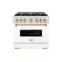 ZLINE Autograph Edition 36 in. 5.2 cu. ft. Classic Gas Range with 6 Burner Cooktop and Convection Gas Oven in Satin Stainless Steel with White Matte Door and Polished Gold Accents (CGRSZ-WM-36-G)