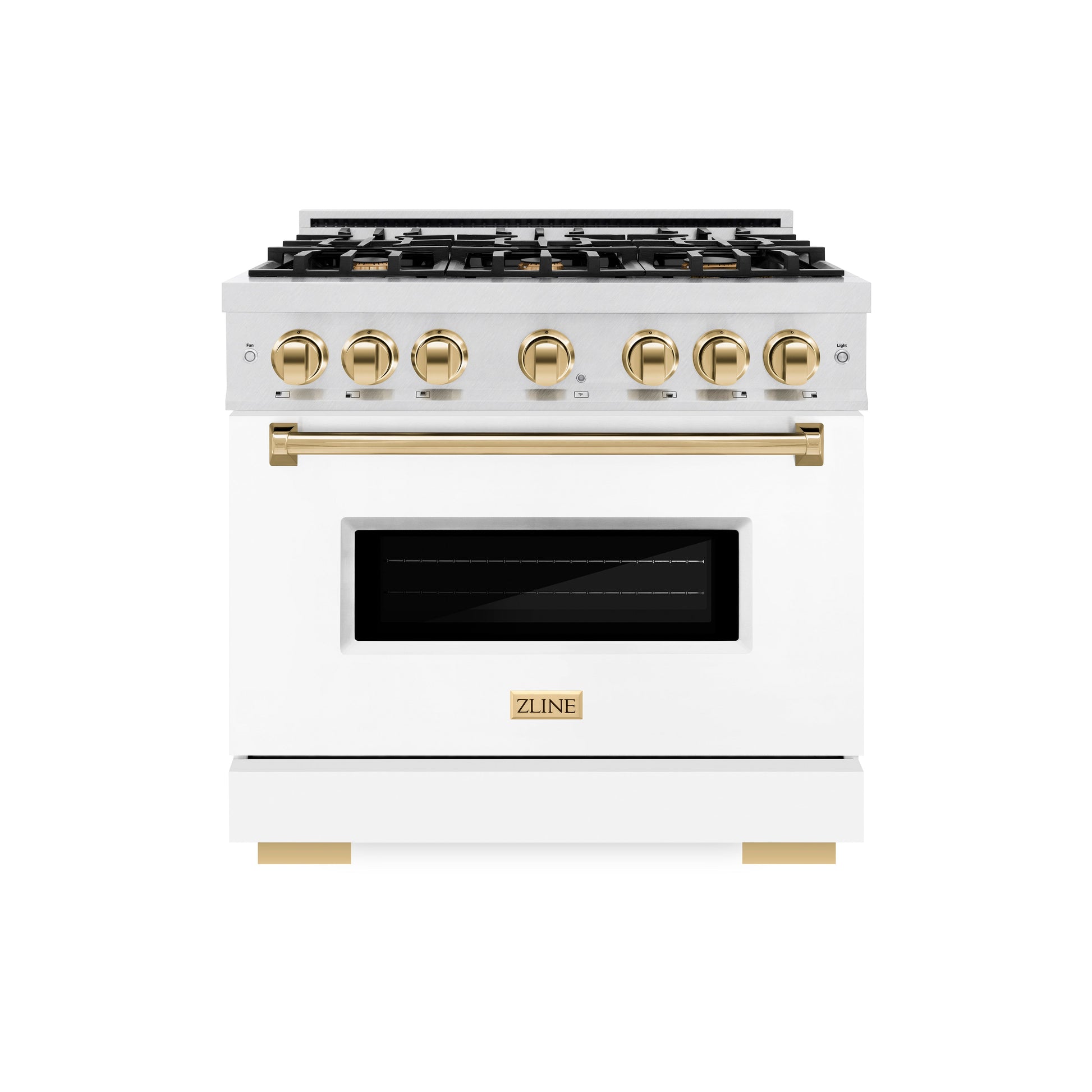 ZLINE Autograph Edition 36 in. 5.2 cu. ft. Classic Gas Range with 6 Burner Cooktop and Convection Gas Oven in Satin Stainless Steel with White Matte Door and Polished Gold Accents (CGRSZ-WM-36-G)