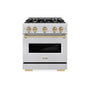 ZLINE Autograph Edition 30 in. 4.2 cu. ft. Classic Gas Range with 4 Burner Cooktop and Convection Gas Oven in Satin Stainless Steel and Champagne Bronze Accents (CGRSZ-30-CB)