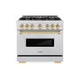 ZLINE Autograph Edition 36 in. 5.2 cu. ft. Classic Gas Range with 6 Burner Cooktop and Convection Gas Oven in Satin Stainless Steel and Polished Gold Accents (CGRSZ-36-G)
