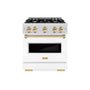 ZLINE Autograph Edition 30 in. 4.2 cu. ft. Classic Gas Range with 4 Burner Cooktop and Convection Gas Oven in Satin Stainless Steel with White Matte Door and Polished Gold Accents (CGRSZ-WM-30-G)