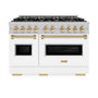 ZLINE Autograph Edition 48 in. 6.7 cu. ft. Classic Double Oven Gas Range with 8 Burner Cooktop in Satin Stainless Steel with White Matte Doors and Polished Gold Accents (CGRSZ-WM-48-G)