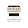 ZLINE Autograph Edition 30 in. 4.2 cu. ft. Classic Gas Range with 4 Burner Cooktop and Convection Gas Oven in Stainless Steel with White Matte Door and Polished Gold Accents (CGRZ-WM-30-G)