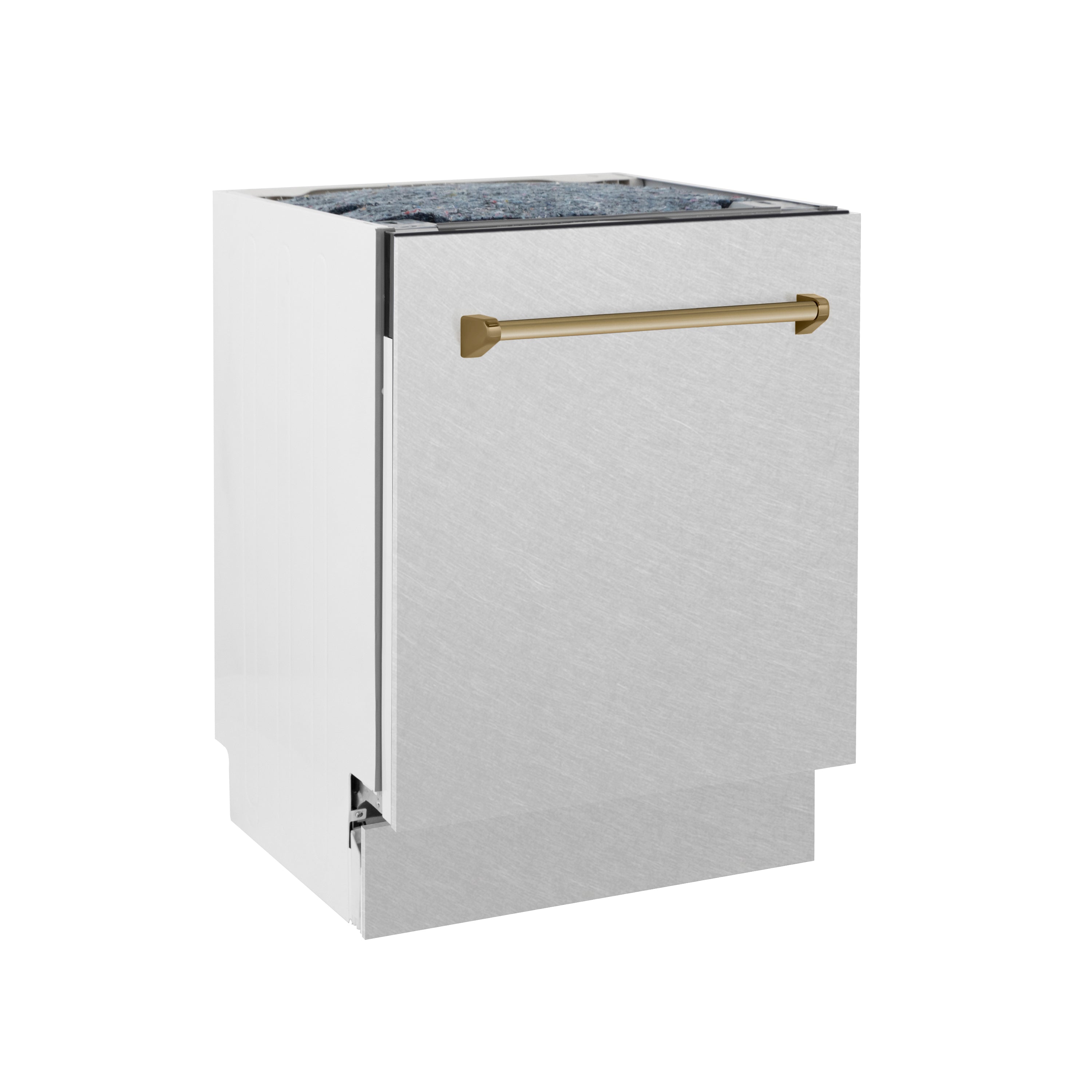 ZLINE Autograph Edition 24 in. Tallac Series 3rd Rack Top Control Built-In Tall Tub Dishwasher with Satin Stainless Steel Panel and Champagne Bronze Handle, 51dBa (DWVZ-SN-24-CB)