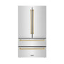 ZLINE Autograph Edition 36 in. 22.5 cu. ft. Counter-Depth French Door Refrigerator with Ice Maker in Fingerprint-Resistant Stainless Steel with Champagne Bronze Traditional Handles (RFMZ-36-CB)