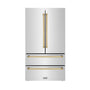 ZLINE Autograph Edition 36 in. 22.5 cu. ft. Counter-Depth French Door Refrigerator with Ice Maker in Fingerprint-Resistant Stainless Steel with Polished Gold Traditional Handles (RFMZ-36-G)