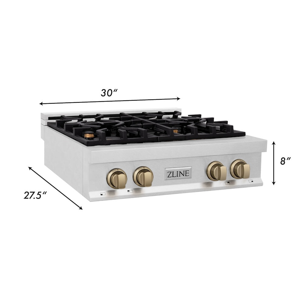 ZLINE Autograph Edition 30 in. Legacy Gas Rangetop with 4 Burners and Porcelain Cooktop in DuraSnow® Stainless Steel with Champagne Bronze Accents (RTSZ-30-CB)