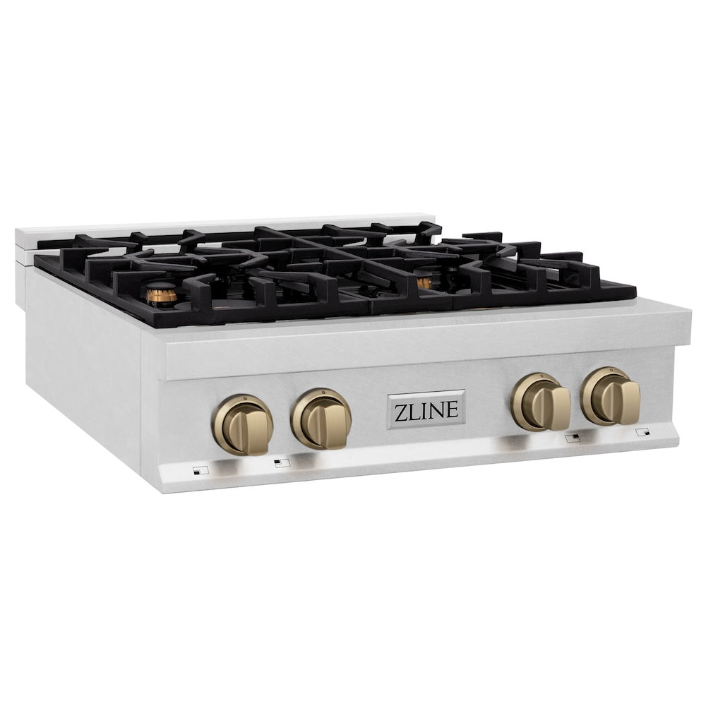 ZLINE Autograph Edition 30 in. Legacy Gas Rangetop with 4 Burners and Porcelain Cooktop in DuraSnow® Stainless Steel with Champagne Bronze Accents (RTSZ-30-CB)