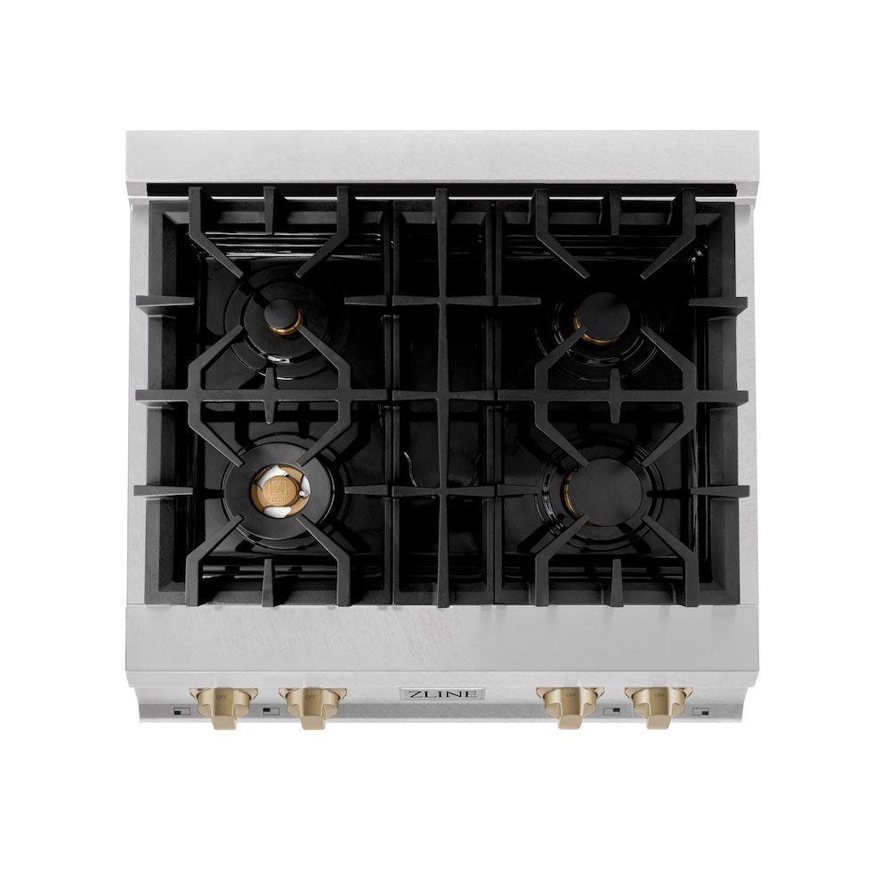 ZLINE Autograph Edition 30 in. Legacy Gas Rangetop with 4 Burners and Porcelain Cooktop in DuraSnow® Stainless Steel with Champagne Bronze Accents (RTSZ-30-CB)