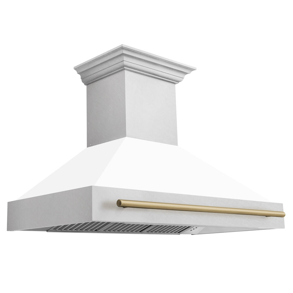 ZLINE Autograph Edition 48" Fingerprint Resistant Stainless Steel Range Hood with White Matte Shell and Champagne Bronze Handle (8654SNZ-WM48-CB)
