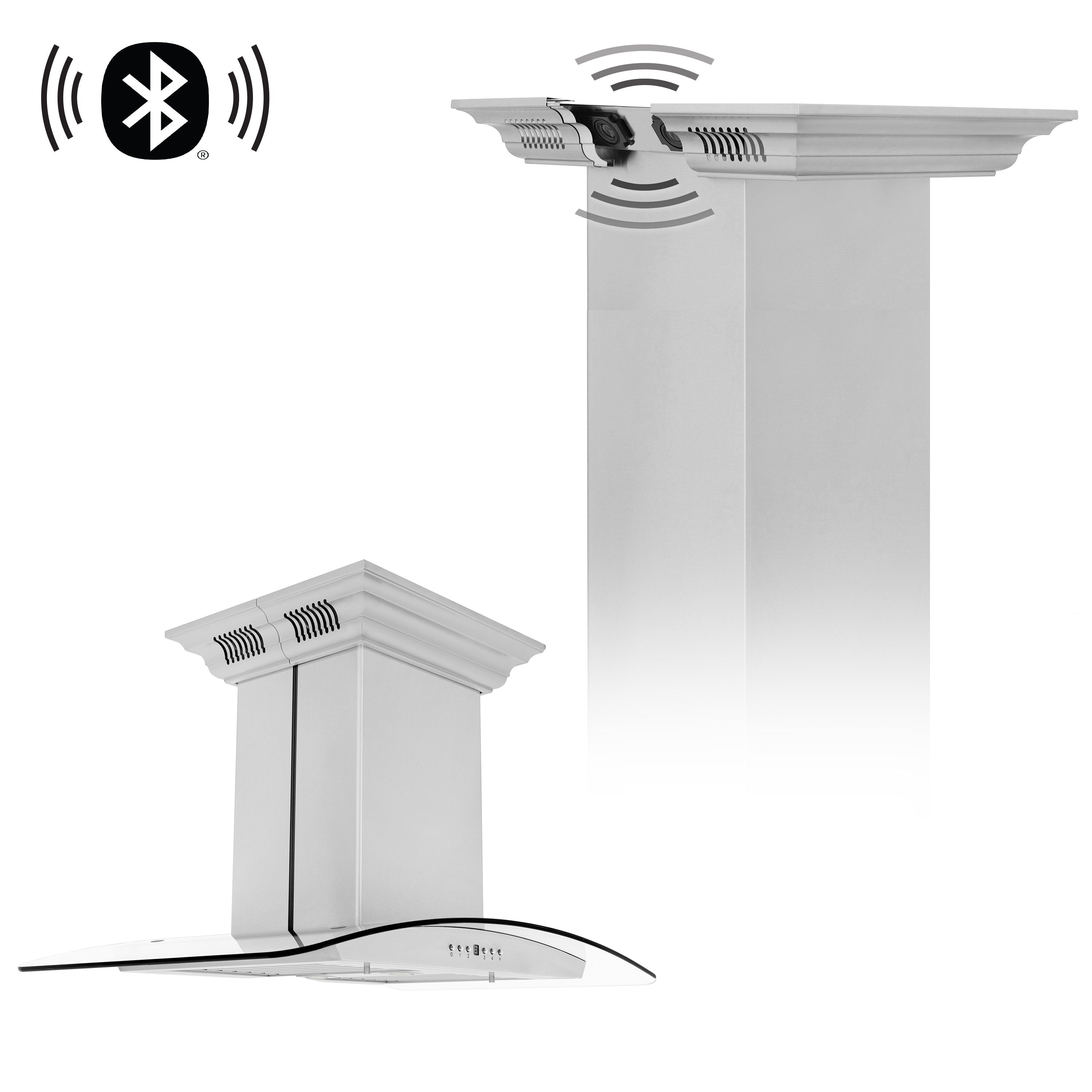 30" ZLINE CrownSound™Ducted Vent Island Mount Range Hood in Stainless Steel with Built-in Bluetooth Speakers (GL5iCRN-BT-30)