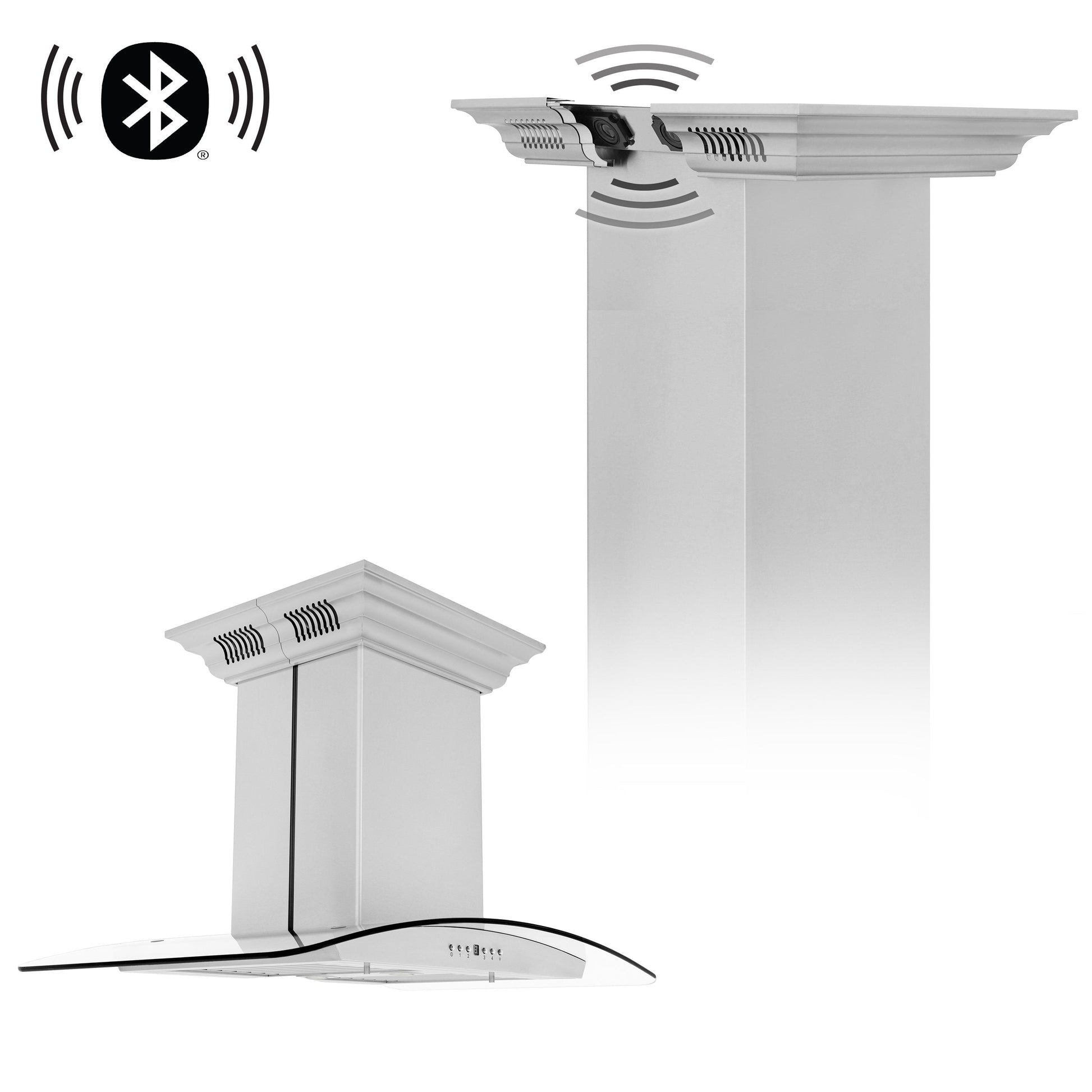 36" ZLINE CrownSound™Ducted Vent Island Mount Range Hood in Stainless Steel with Built-in Bluetooth Speakers (GL5iCRN-BT-36)