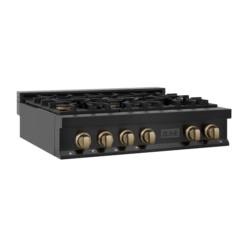 ZLINE Autograph Edition 36 in. Legacy Gas Rangetop with 6 Burners and Porcelain Cooktop in Black Stainless Steel with Champagne Bronze Accents (RTBZ-36-CB)