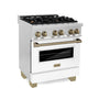 ZLINE Autograph Edition 30 in. 4.0 cu. ft. Legacy Dual Fuel Range with 4 Burner Gas Cooktop and Electric Convection Oven in Stainless Steel with White Matte Door and Champagne Bronze Accents (RAZ-WM-30-CB)