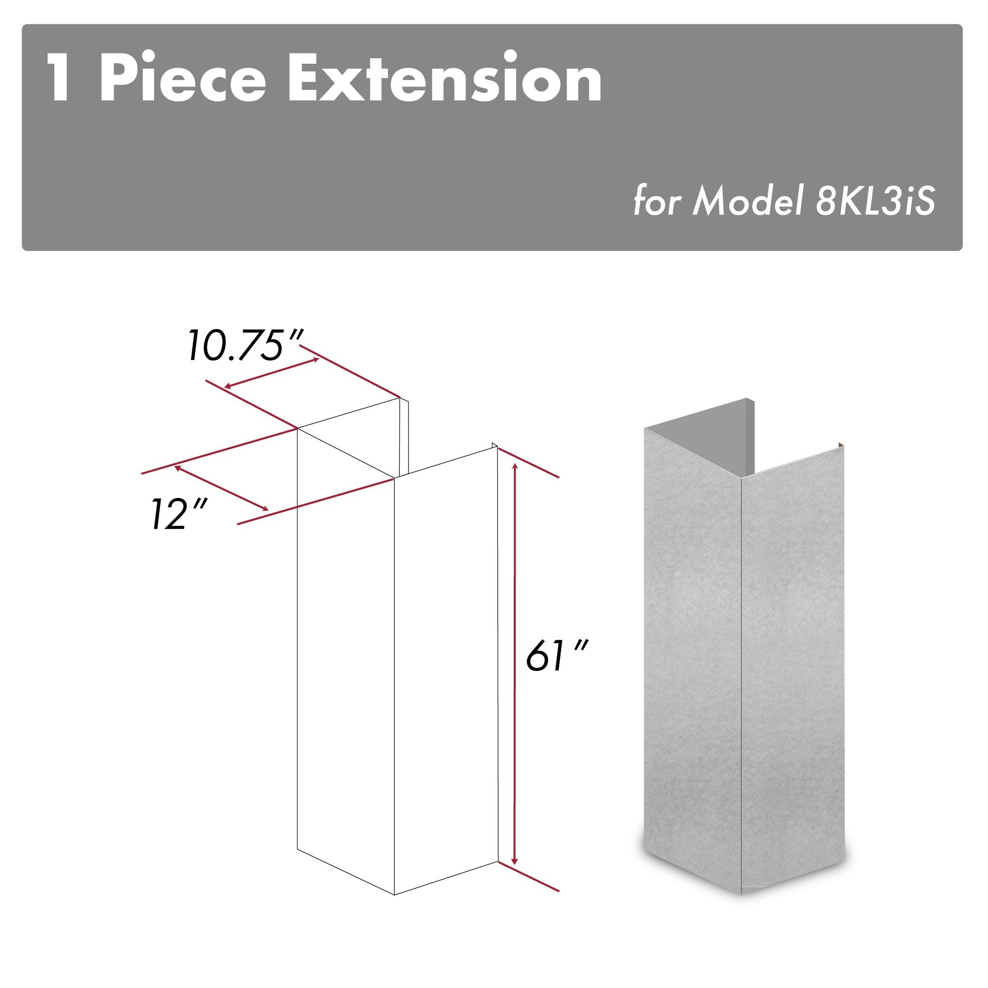 ZLINE 61 in. Satin Stainless Steel Chimney Extension for Ceilings up to 12.5 ft. (8KL3iS-E)